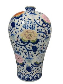 Blue and white painted peony plum vase