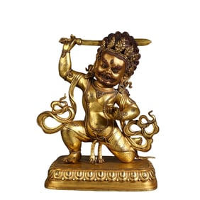 Gilded bronze Tibetan Buddhist statue of the God of Wealth, a study ornament
