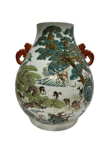 Famille rose vase with 100 deer and two handles