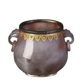 Gilded agate and gem-inlaid two-eared vase, a study ornament