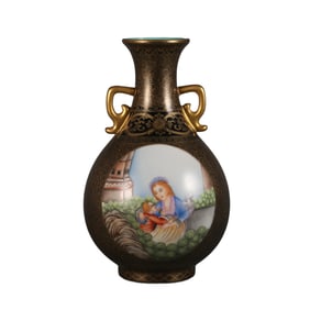 A black ground, gilt-painted, window-engraved enamel vase with Western figures