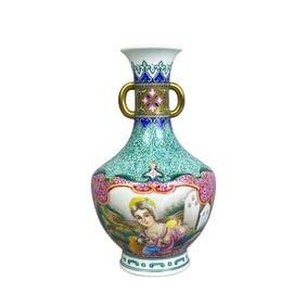 Enamel window, Western figures, gilded amphora.