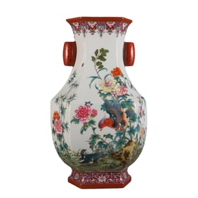 Famille rose hexagonal vase with flower and bird patterns and inscribed poems