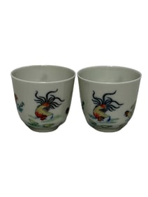 A pair of Doucai painted chicken cups