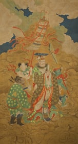 Fine Buddhist figure hanging scroll on silk, "Heavenly Kings"
