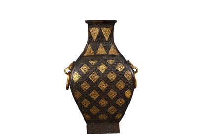 Gilded copper square vase with two handles, a study ornament
