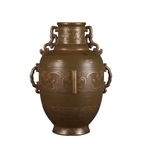 Tea-leaf glaze multi-eared vase with gold and silver Taotie patterns
