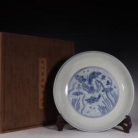 Blue and white fish bathing pattern plate