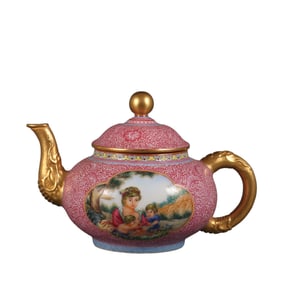 Red-colored enamel teapot with lotus and window decoration and Western figures