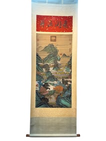Zhang Sengyou's exquisite landscape and pavilion hanging scroll on silk