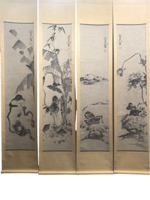 Fine four-panel flower and bird scroll on paper