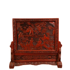Lacquerware red carved figure story screen ornaments