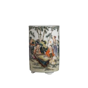 Pastel-glazed brush holder with a sage pattern