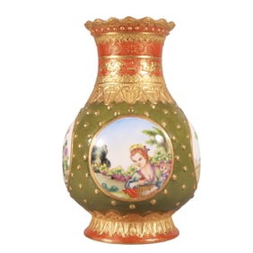 Enamel-painted, carved, and gilded window-opening vase with Western figures.