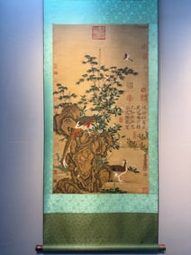 Fine flower and bird silk hanging scroll "Hibiscus and Peacock"