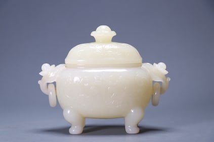Hetian jade double-eared lidded censer with coiled branch pattern