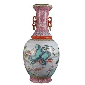 Large double-handled vase with colored landscapes and figures