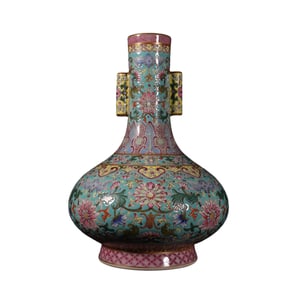 Amphora with green ground and famille rose pattern and lotus flowers