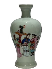 Plum vase with a story of characters in pastel colors