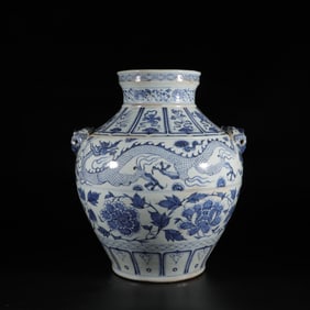 Blue and white dragon-patterned two-eared jar