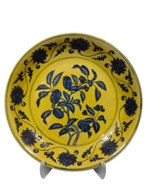 Yellow-bottomed blue-and-white plate