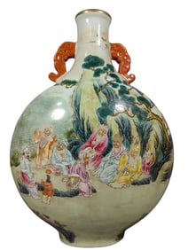Famille rose vase with nine elders and four younger figures holding a moon