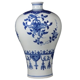 Blue and white plum vase with three flowers and three fruits pattern