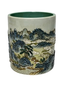 Famille rose carved landscape brush holder