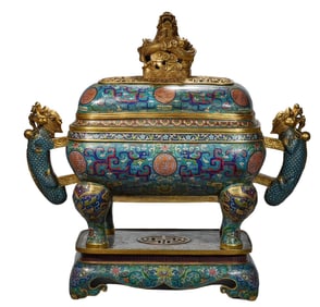 cloisonné enamel Double Dragons Holding a Longevity Incense Burner