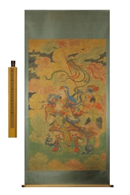 Fine Buddhist figure hanging scroll on silk, "Heavenly Kings"