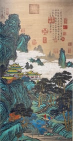 Liu Gongquan's exquisite landscape and pavilion hanging scroll on silk