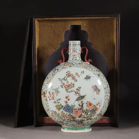 Colorful flower and bird double-eared flat-bellied vase.