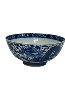 Large bowl with blue and white dragon pattern
