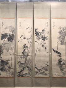 Fine four-panel flower and bird scroll on paper