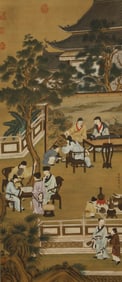 Fine figure hanging scroll on silk, "Gathering of Elegant People"