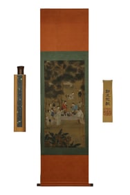 Fine figure hanging scroll on silk, "Bo Gu Tu"