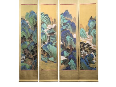 Fine four-panel landscape painting on paper