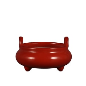 Coral red glaze tripod censer with sky-high ears