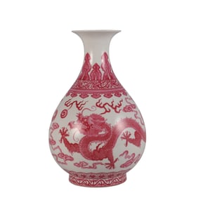 Rouge-red jade vase with double dragon chasing pearl pattern