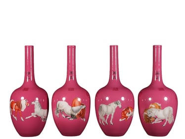 Rouge-red enamel long-necked vase with Eight Horses and Tibetan inscriptions