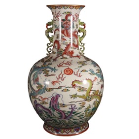 Large blue and white Doucai sea water cloud blessing nine dragon pattern double-handled vase