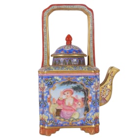 Enamel green ground with gold-painted lotus and window with Western figures and handle pot