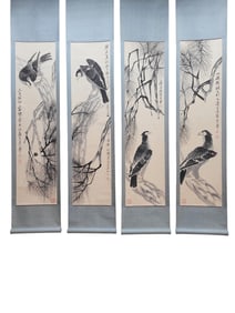Fine four-panel animal paintings on paper