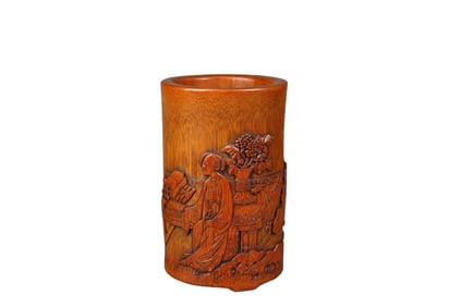 Bamboo Carved Character Story Pen Holder Stationery Ornament