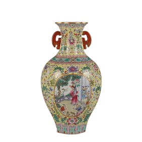 Yellow-ground famille rose window-shaped Begonia vase with children playing