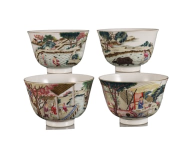 A set of small bowls with a pastel-colored farmhouse pattern