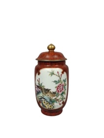 Small wood-grained pot with flowers and birds