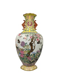 Famille rose flower and bird double-handled crabapple vase