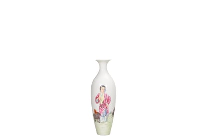 Small vase with a pastel-colored painting of a lady