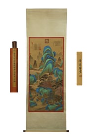 Fine silk hanging scroll of landscape and pavilions